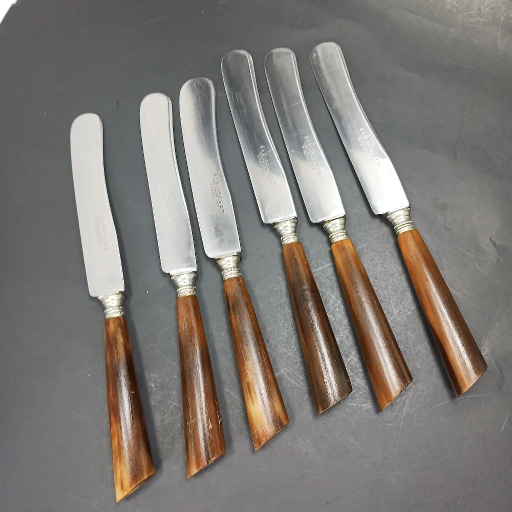 6 Vintage Dutch Antler/Horn Handle Sharp DINNER KNIVES EUC